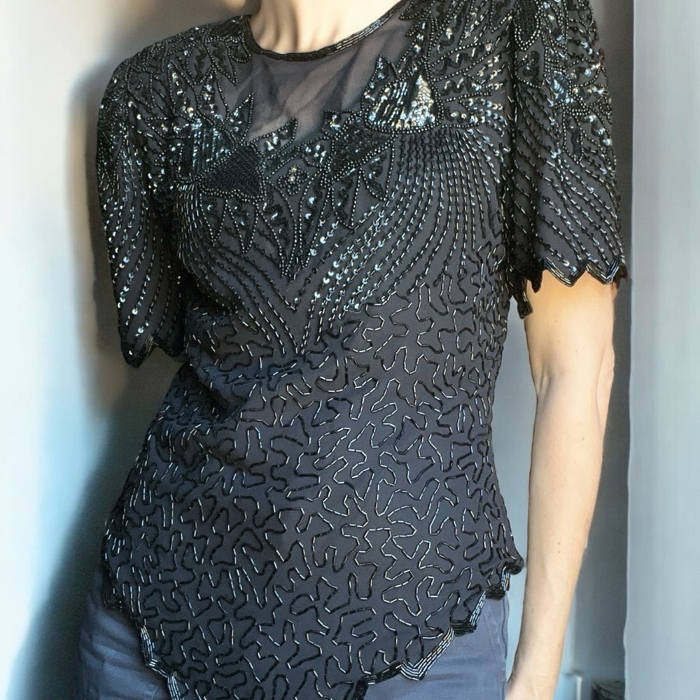 Vintage 80s Laurence Kazar Hand-Beaded Blouse – Black, Size M